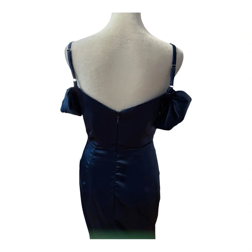 Lavetir Navy Blue Satin Evening Gown NWT Off Shoulder Formal Dress Ball - Picture 6 of 8